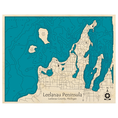 Bathymetric topo map of Leelanau Peninsula, MI with roads, towns and depths noted in blue water.