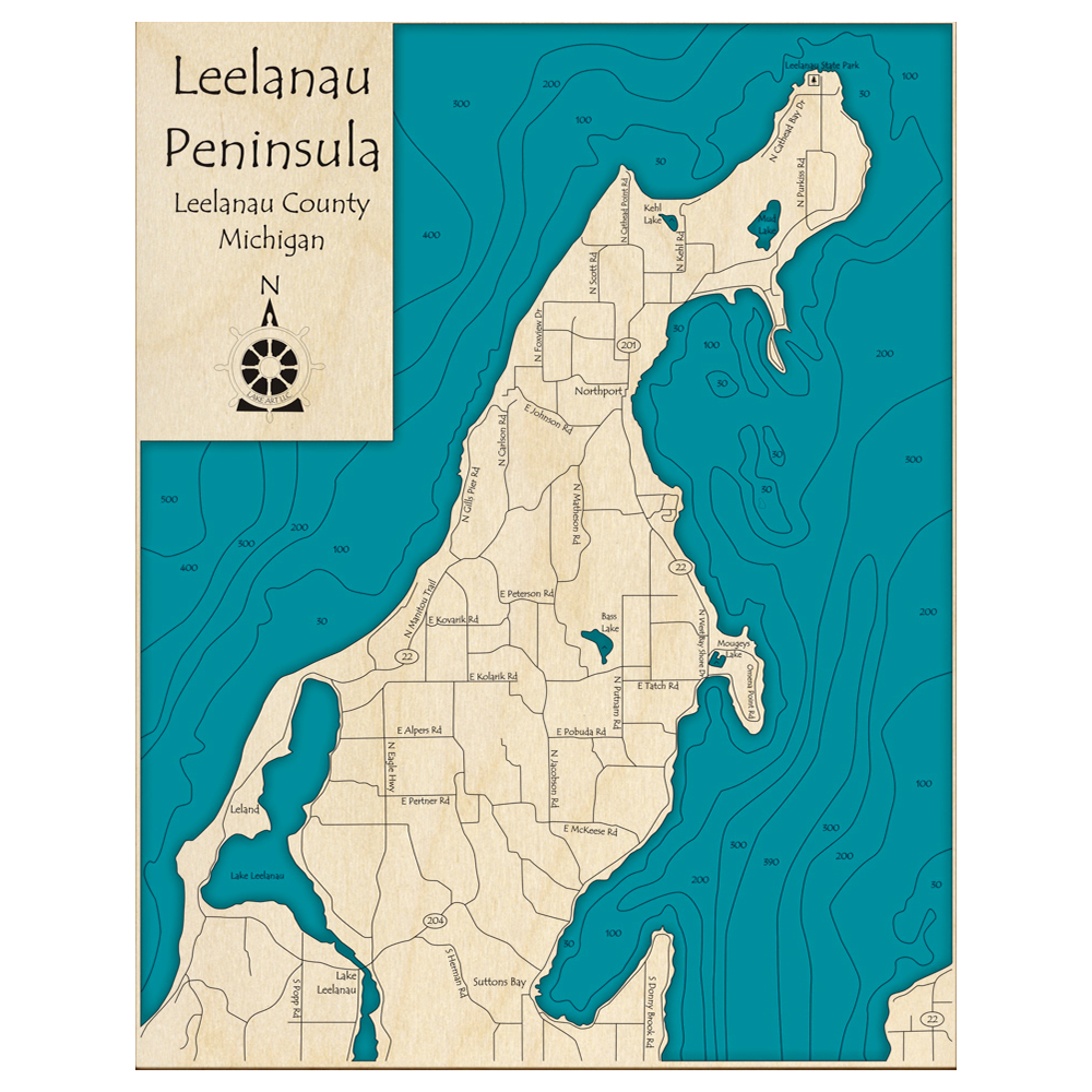 Bathymetric topo map of Leelanau Peninsula, MI with roads, towns and depths noted in blue water.