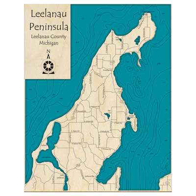 Bathymetric topo map of Leelanau Peninsula, MI with roads, towns and depths noted in blue water.