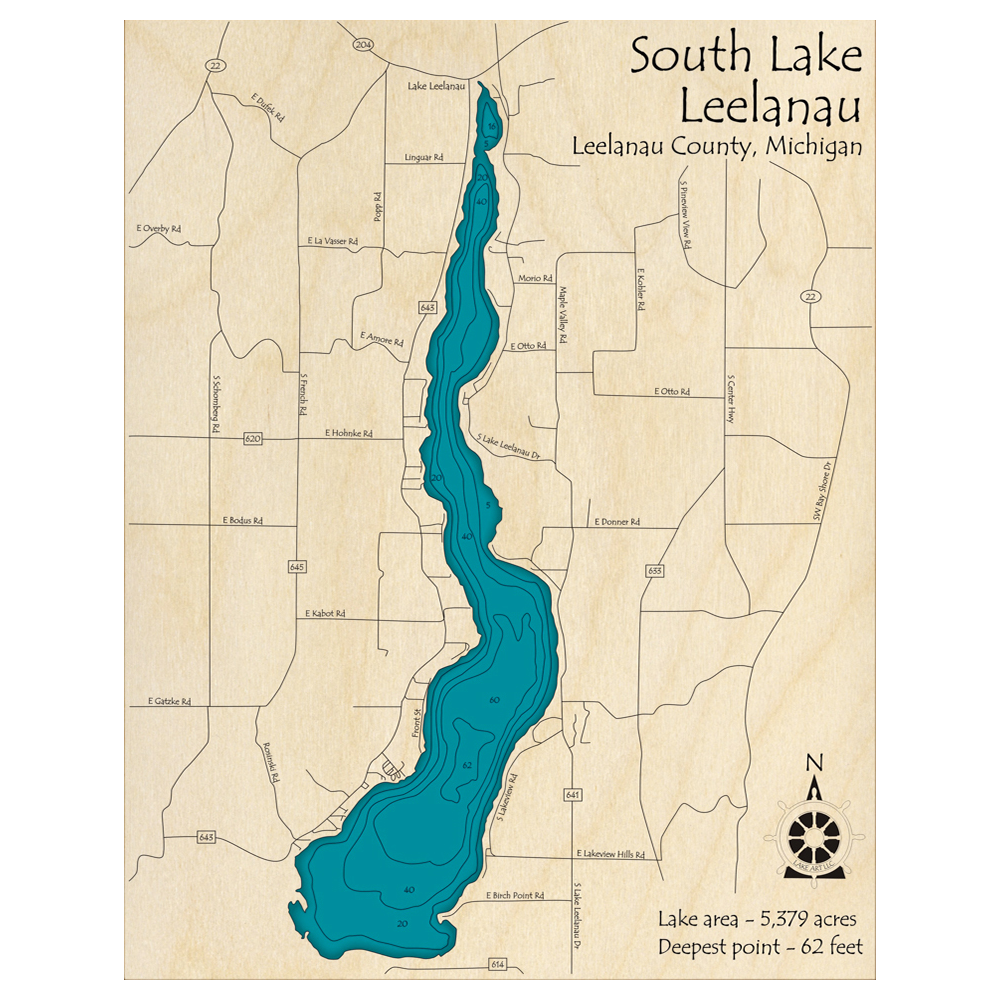 Bathymetric topo map of Lake Leelanau, MI with roads, towns and depths noted in blue water.