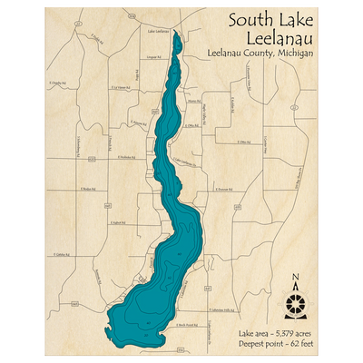 Bathymetric topo map of Lake Leelanau, MI with roads, towns and depths noted in blue water.