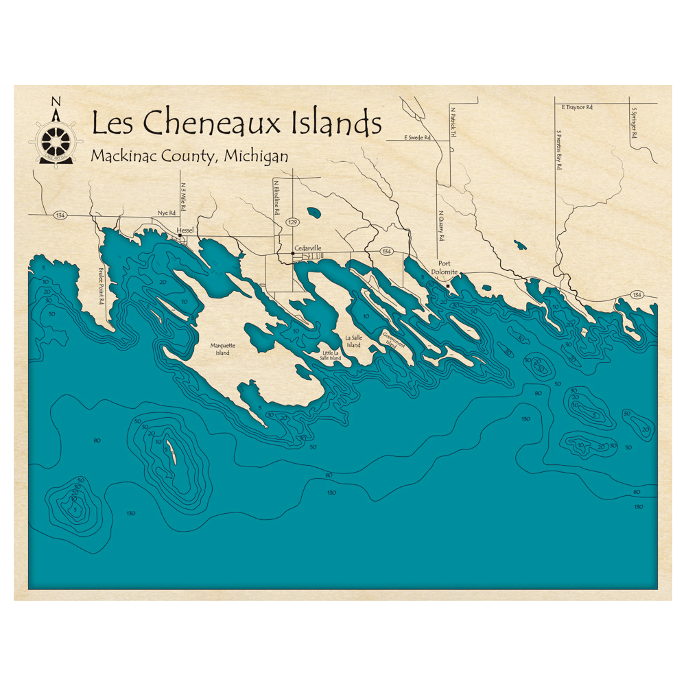 Bathymetric topo map of Les Cheneaux Islands, MI with roads, towns and depths noted in blue water.