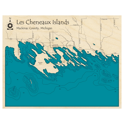 Bathymetric topo map of Les Cheneaux Islands, MI with roads, towns and depths noted in blue water.