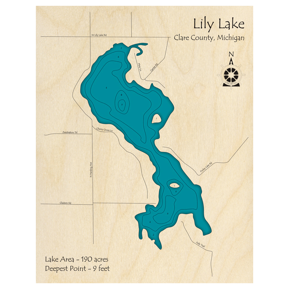 Bathymetric topo map of Lily Lake, MI with roads, towns and depths noted in blue water.