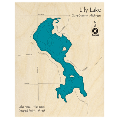 Bathymetric topo map of Lily Lake, MI with roads, towns and depths noted in blue water.