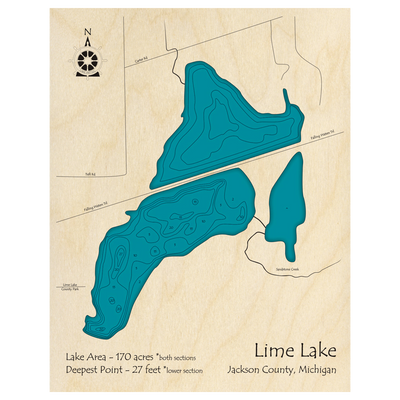 Bathymetric topo map of Lime Lake, MI with roads, towns and depths noted in blue water.