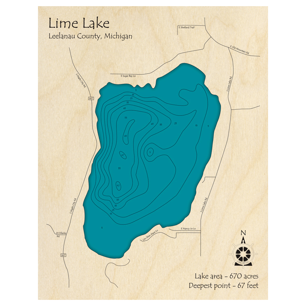 Bathymetric topo map of Lime Lake, MI with roads, towns and depths noted in blue water.