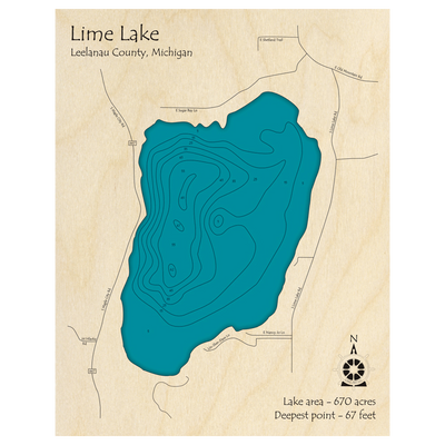 Bathymetric topo map of Lime Lake, MI with roads, towns and depths noted in blue water.