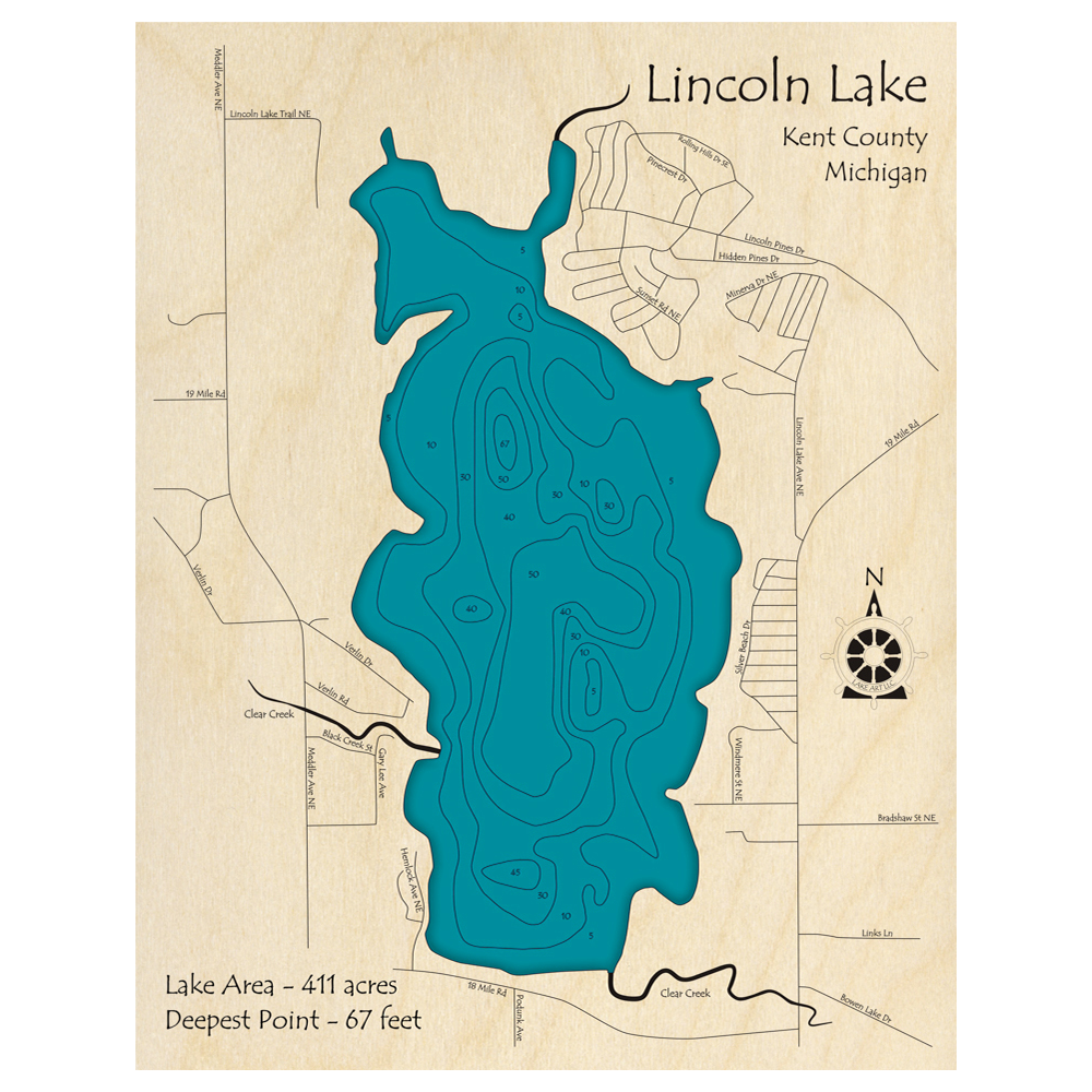 Bathymetric topo map of Lincoln Lake, MI with roads, towns and depths noted in blue water.