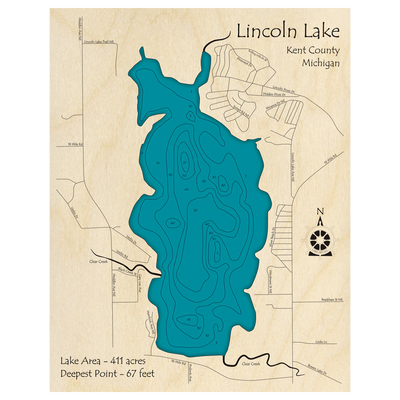 Bathymetric topo map of Lincoln Lake, MI with roads, towns and depths noted in blue water.