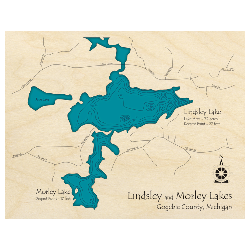 Bathymetric topo map of Lindsley Lake, MI with roads, towns and depths noted in blue water.