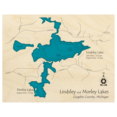 Bathymetric topo map of Lindsley Lake, MI with roads, towns and depths noted in blue water.