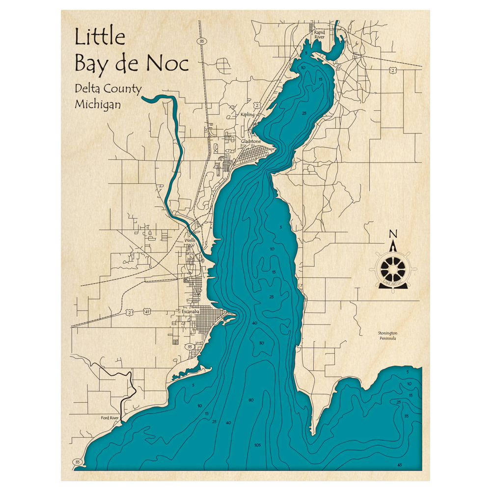 Bathymetric topo map of Little Bay De Noc, MI with roads, towns and depths noted in blue water.