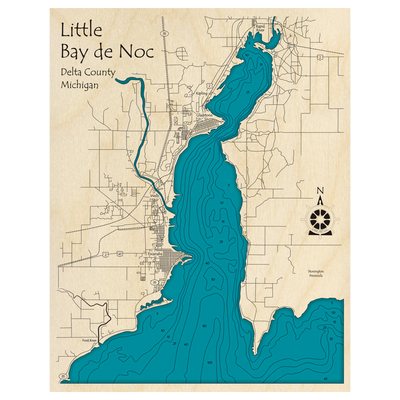 Bathymetric topo map of Little Bay De Noc, MI with roads, towns and depths noted in blue water.