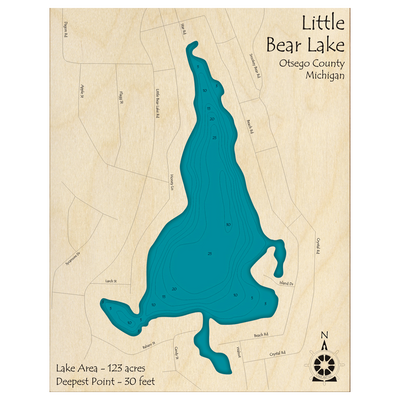 Bathymetric topo map of Little Bear Lake, MI with roads, towns and depths noted in blue water.