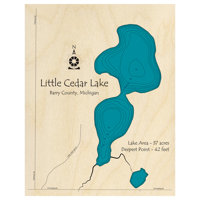 Bathymetric topo map of Little Cedar Lake, MI with roads, towns and depths noted in blue water.