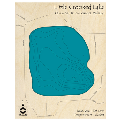 Bathymetric topo map of Little Crooked Lake, MI with roads, towns and depths noted in blue water.