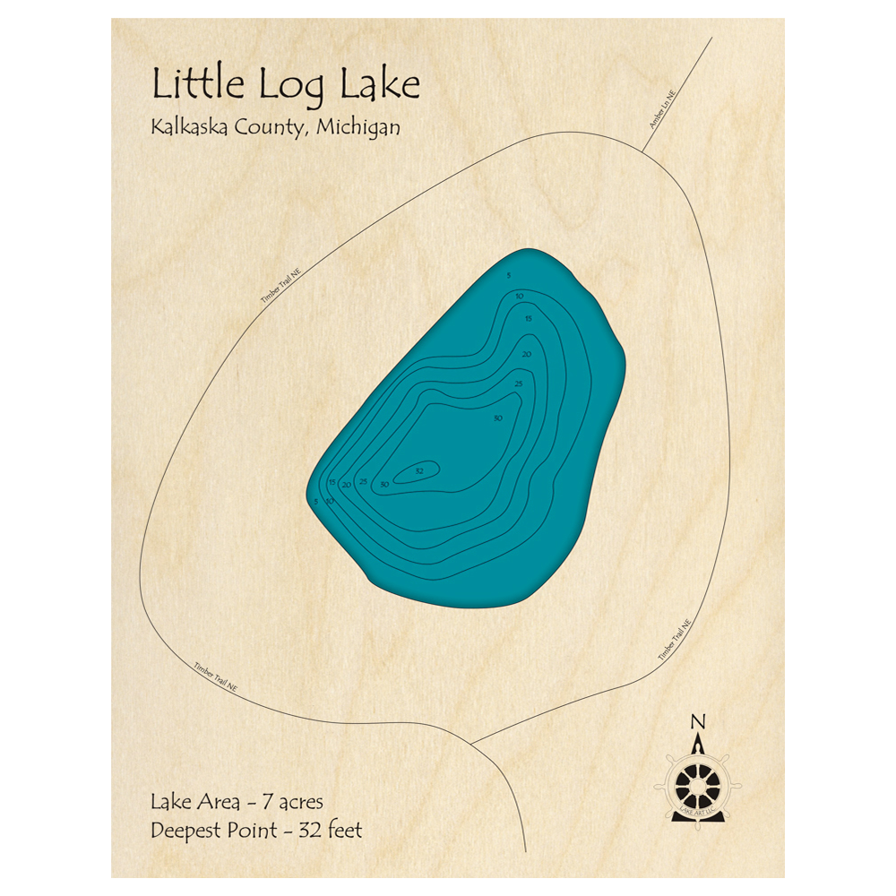 Bathymetric topo map of Little Log Lake, MI with roads, towns and depths noted in blue water.