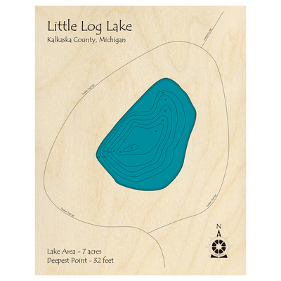 Bathymetric topo map of Little Log Lake, MI with roads, towns and depths noted in blue water.
