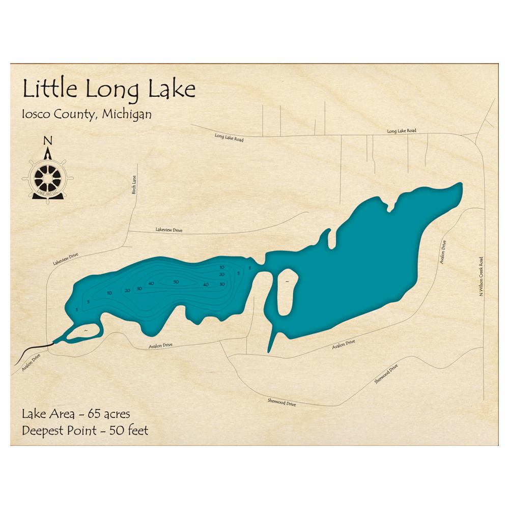Bathymetric topo map of Little Long Lake, MI with roads, towns and depths noted in blue water.