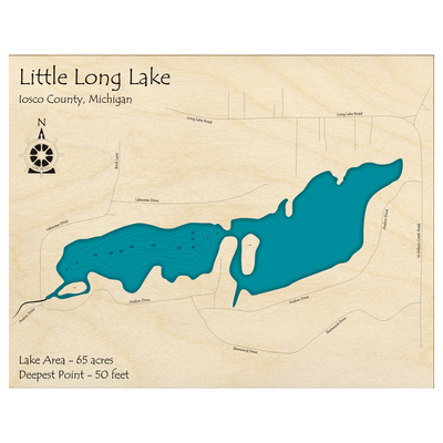 Bathymetric topo map of Little Long Lake, MI with roads, towns and depths noted in blue water.
