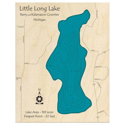 Bathymetric topo map of Little Long Lake, MI with roads, towns and depths noted in blue water.