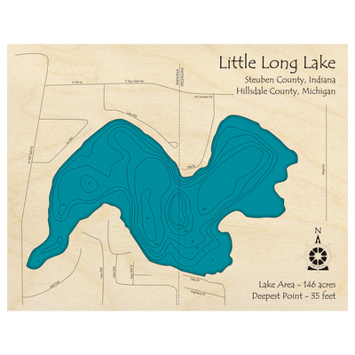 Bathymetric topo map of Little Long Lake (IN, MI) with roads, towns and depths noted in blue water.