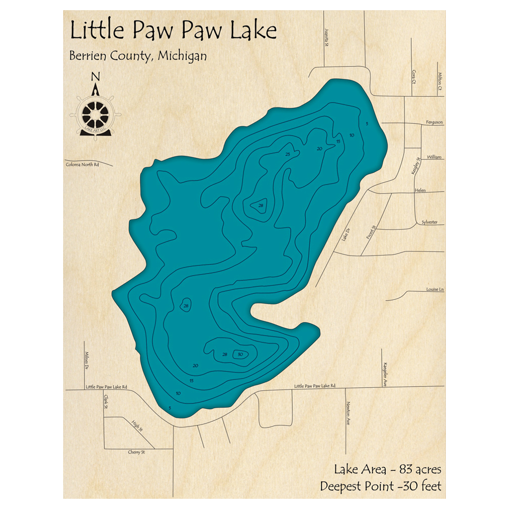 Bathymetric topo map of Little Paw Paw Lake, MI with roads, towns and depths noted in blue water.