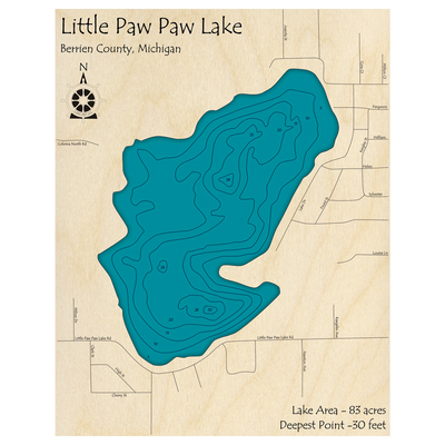 Bathymetric topo map of Little Paw Paw Lake, MI with roads, towns and depths noted in blue water.