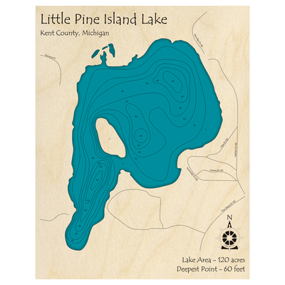 Bathymetric topo map of Little Pine Island Lake, MI with roads, towns and depths noted in blue water.