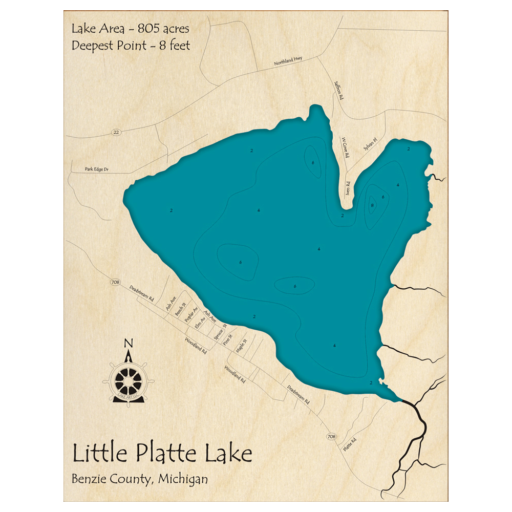 Bathymetric topo map of Little Platte Lake, MI with roads, towns and depths noted in blue water.