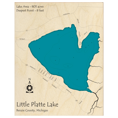 Bathymetric topo map of Little Platte Lake, MI with roads, towns and depths noted in blue water.