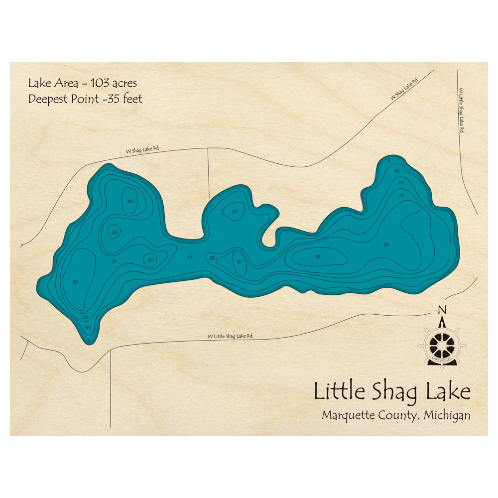 Bathymetric topo map of Little Shag Lake, MI with roads, towns and depths noted in blue water.