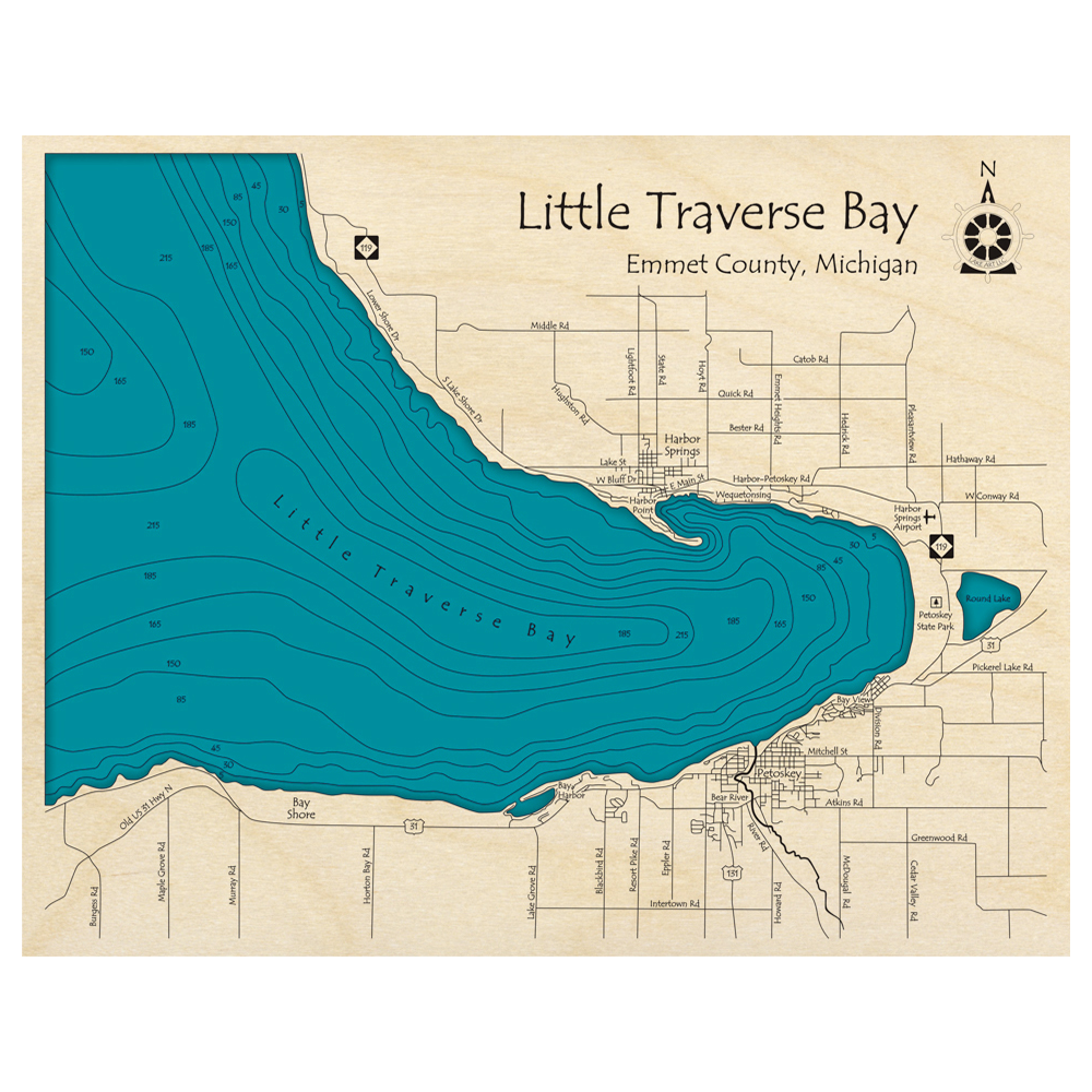 Bathymetric topo map of Little Traverse Bay, MI with roads, towns and depths noted in blue water.