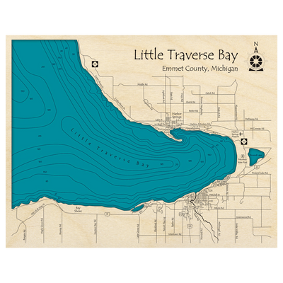 Bathymetric topo map of Little Traverse Bay, MI with roads, towns and depths noted in blue water.