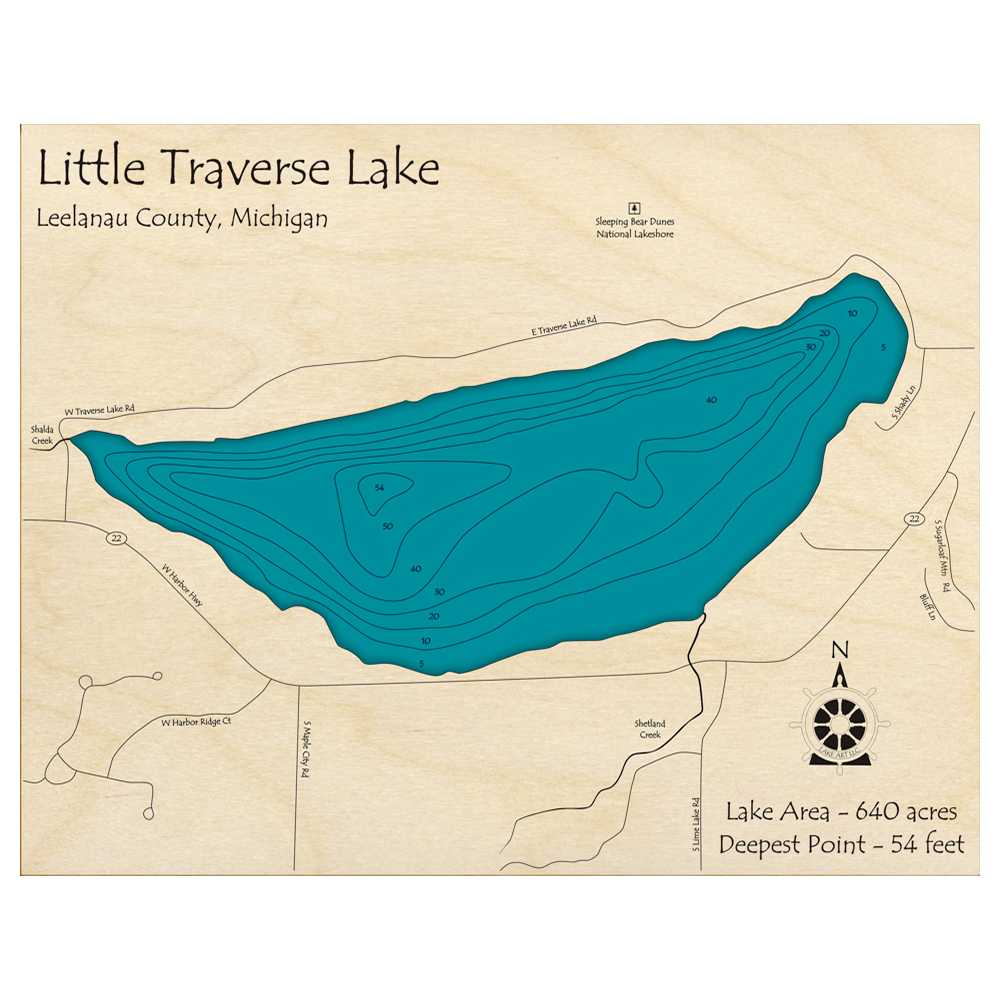 Bathymetric topo map of Little Traverse Lake, MI with roads, towns and depths noted in blue water.