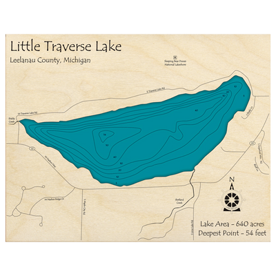 Bathymetric topo map of Little Traverse Lake, MI with roads, towns and depths noted in blue water.