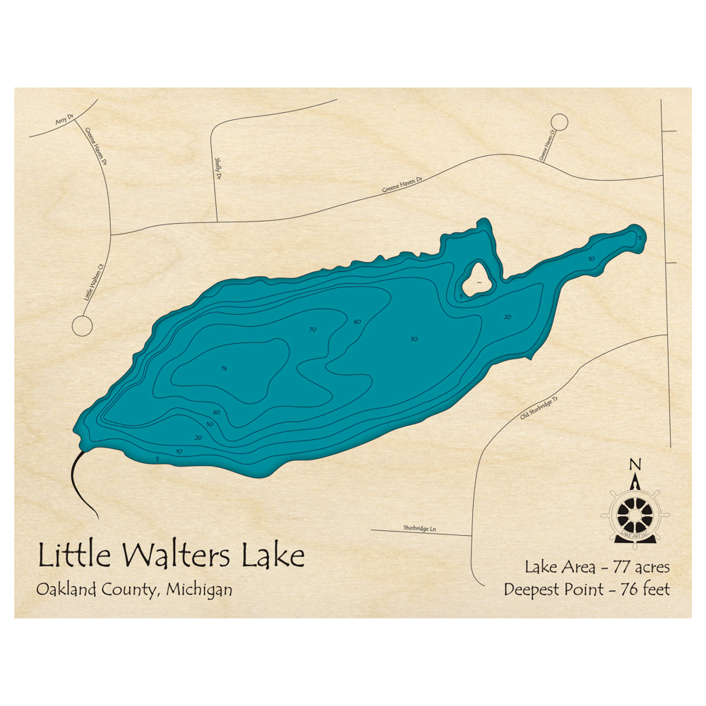 Bathymetric topo map of Little Walters Lake, MI with roads, towns and depths noted in blue water.