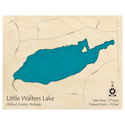 Bathymetric topo map of Little Walters Lake, MI with roads, towns and depths noted in blue water.