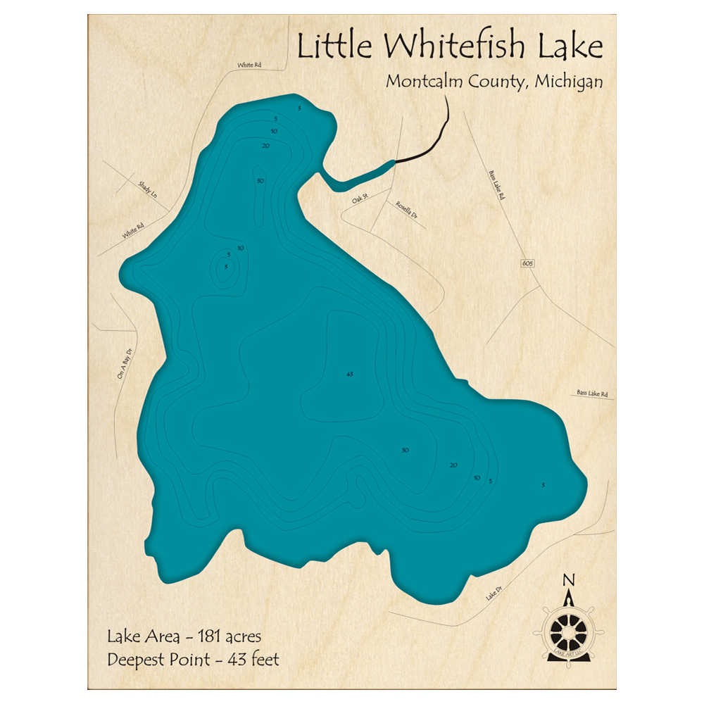 Bathymetric topo map of Little Whitefish Lake, MI with roads, towns and depths noted in blue water.