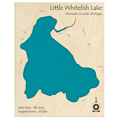 Bathymetric topo map of Little Whitefish Lake, MI with roads, towns and depths noted in blue water.