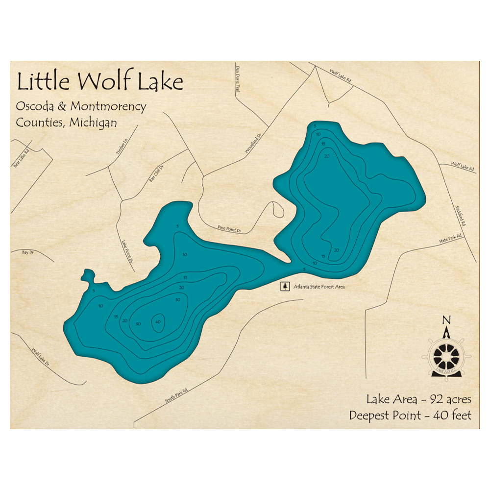 Little Wolf Lake, Michigan 3D Custom Wood Map – Lake Art LLC