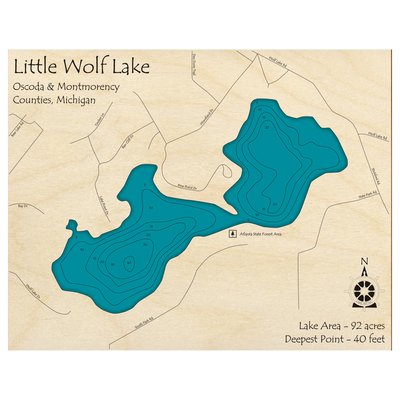 Bathymetric topo map of Little Wolf Lake, MI with roads, towns and depths noted in blue water.