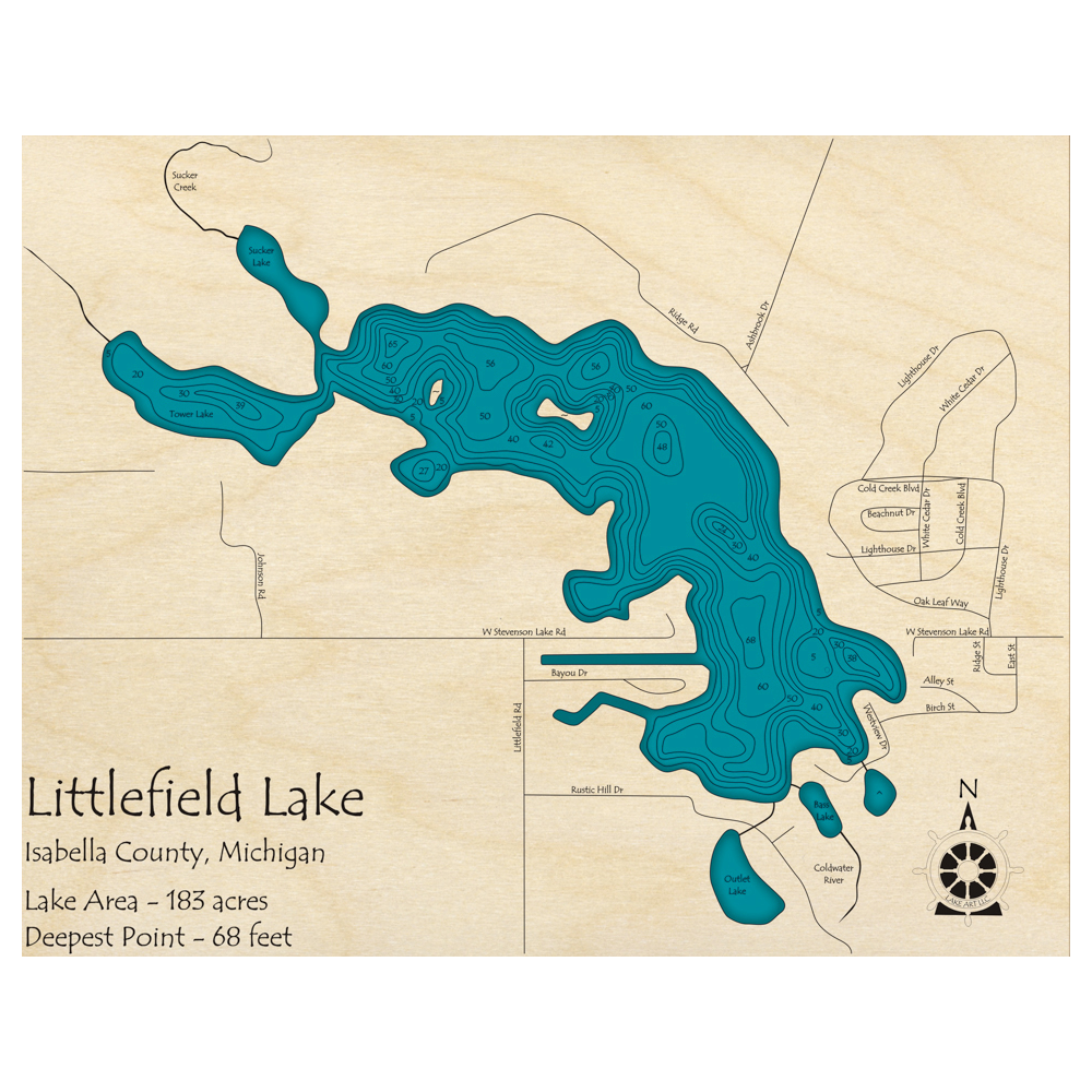 Bathymetric topo map of Littlefield Lake, MI with roads, towns and depths noted in blue water.