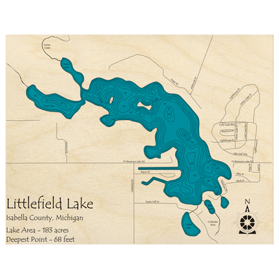 Bathymetric topo map of Littlefield Lake, MI with roads, towns and depths noted in blue water.