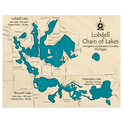 Bathymetric topo map of Lobdell Chain of Lakes, MI with roads, towns and depths noted in blue water.