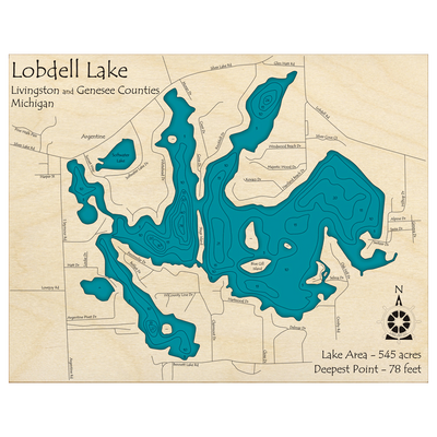 Bathymetric topo map of Lobdell Lake, MI with roads, towns and depths noted in blue water.