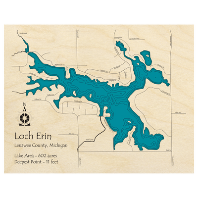 Bathymetric topo map of Loch Erin, MI with roads, towns and depths noted in blue water.