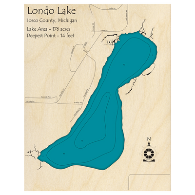 Bathymetric topo map of Londo Lake, MI with roads, towns and depths noted in blue water.