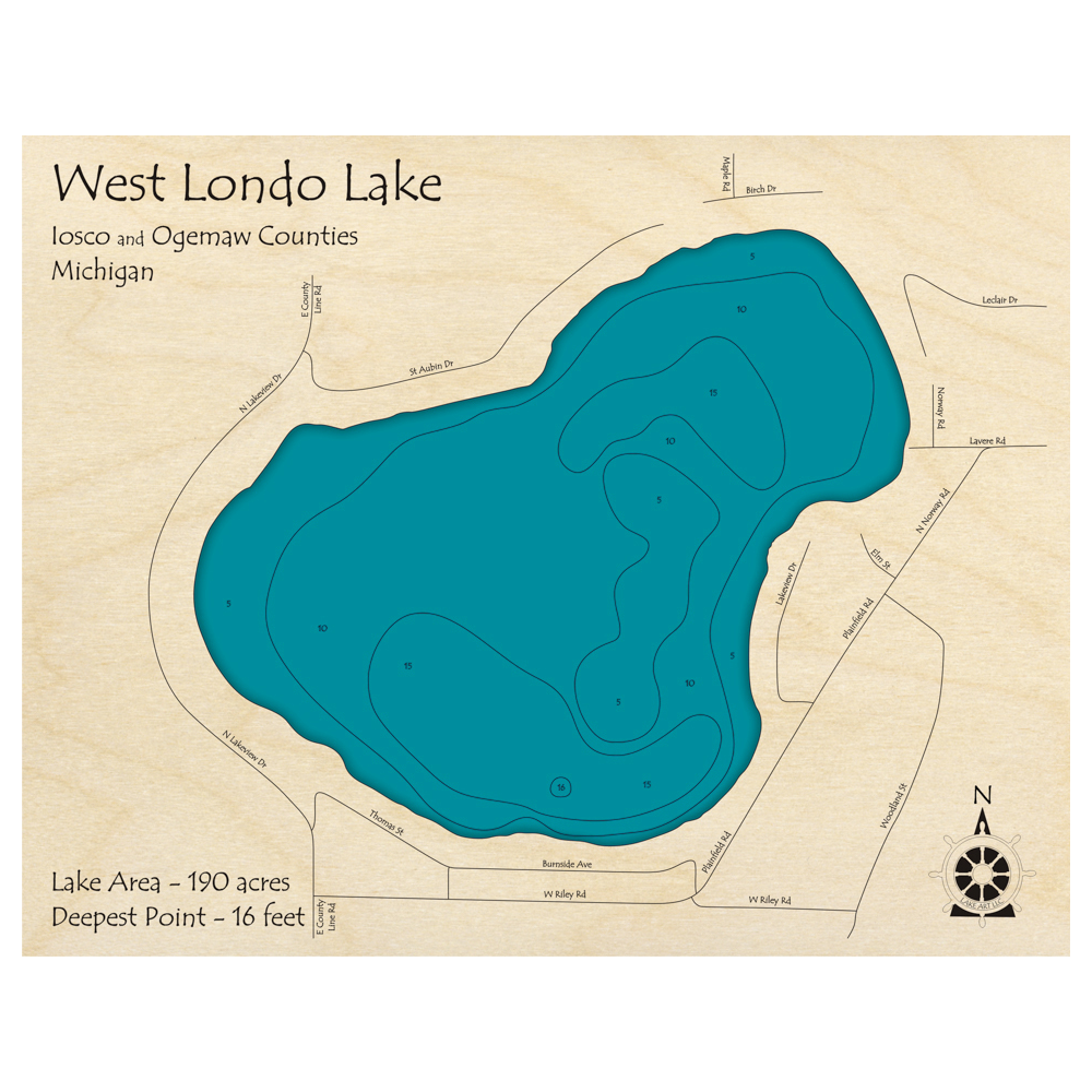 Bathymetric topo map of Londo Lake, MI with roads, towns and depths noted in blue water.